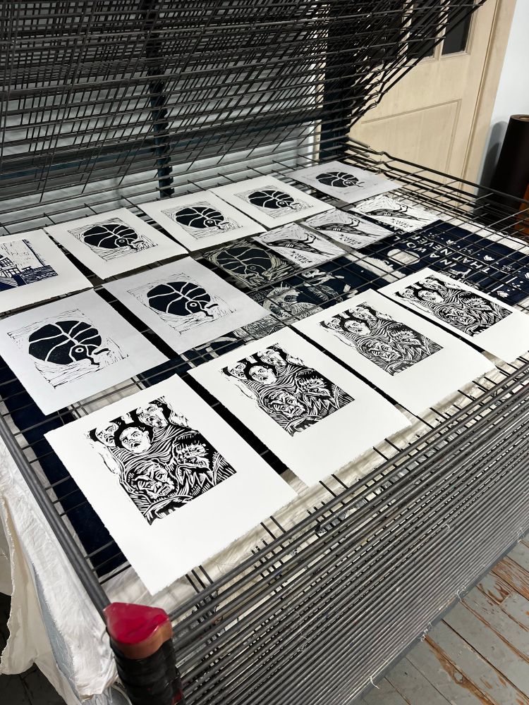 Lino prints on the drying rack.