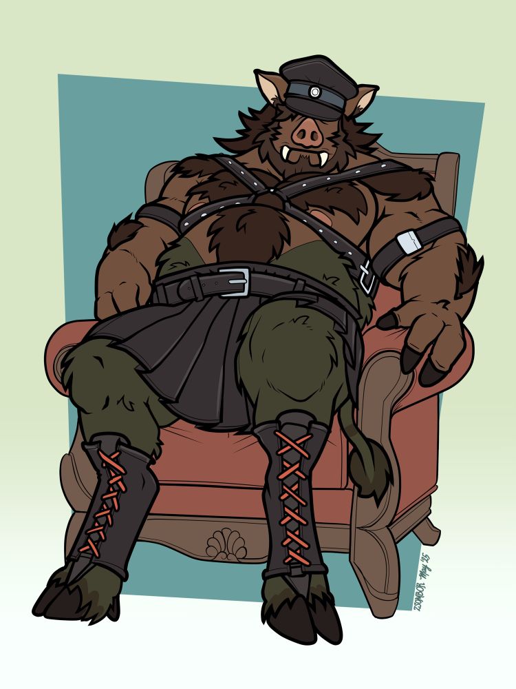 a brown and green boar wearing a leather cap, chest harness, kilt and digitigrade boots, lounging expectantly in an armchair 