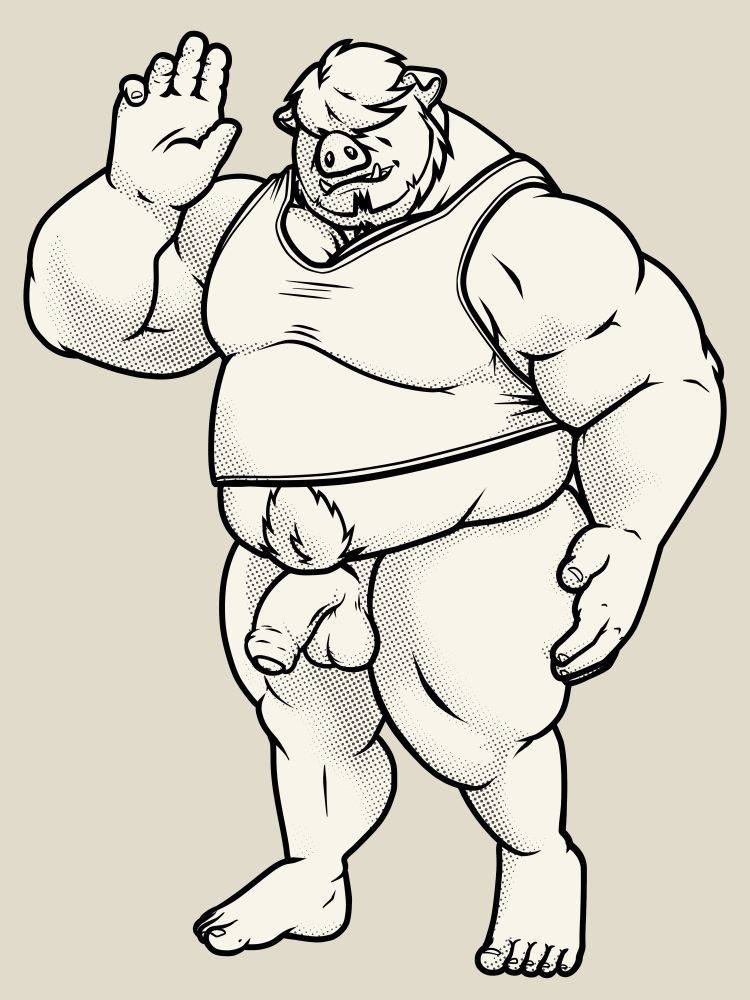 a chubby stoner pig in a too-short tank top, waving shyly to the viewer 