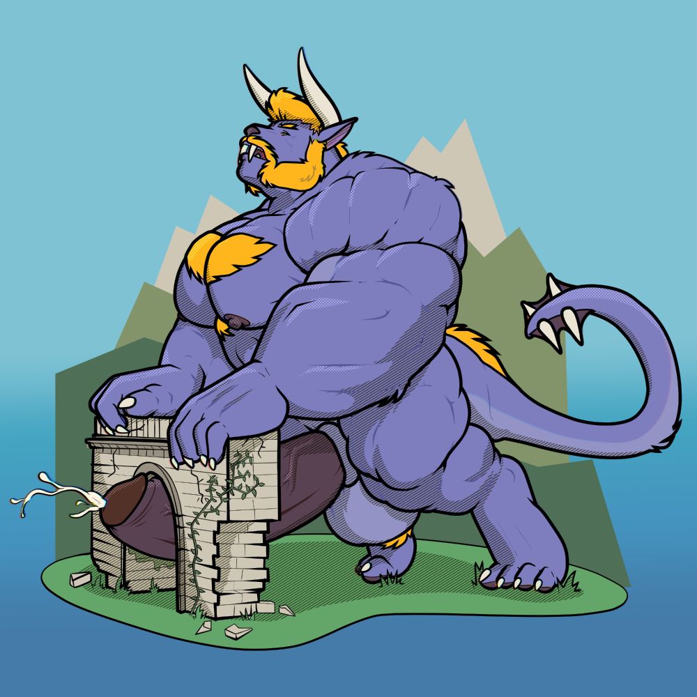 a large, muscular purple behemoth with a gold mane, currently rubbing his oversized dick on the inside of the remains of a ruined archway