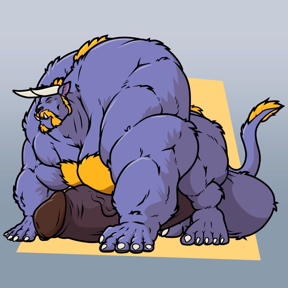 a very bulky behemoth with massive back and haunch muscles, on all fours, with his dick stretching out underneath him and nestled between his pectorals 