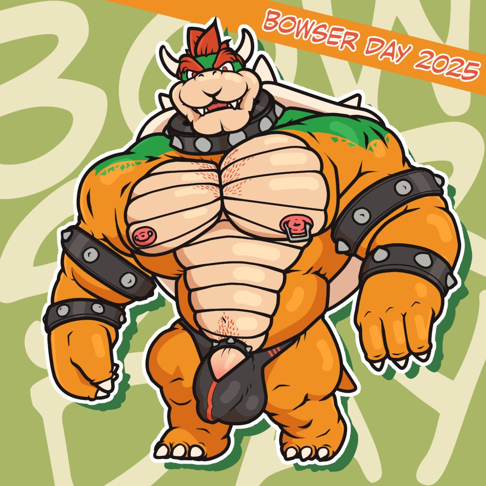 Bowser, upgraded with wide shoulders, thick pecs, a dusting of red body hair, and a beer can dick in a peekaboo bikini
