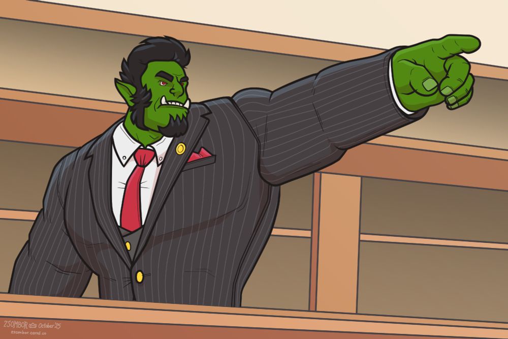 a tall, broad orc with wavy black hair, red eyes, and sideburns and a goatee, wearing a pinstripe charcoal three-piece suit with a red tie gestures dramatically in an abstract courtroom similar to the famous Phoenix Wright pose