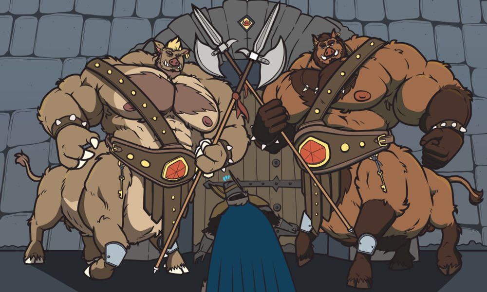 two large, broadly muscled boartaurs in leather armor cross spears to block a smaller, shocked warrior from approaching a big wooden door embedded in a stone wall 