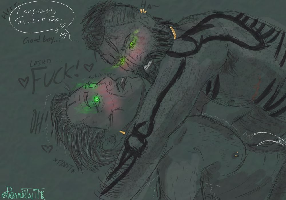 A rough sketch of Emmrich Volkarin being topped by Laird Ingellvar, a transmasc Rook. Both men nude, hot with blush, and eyes glowing green from their magic.