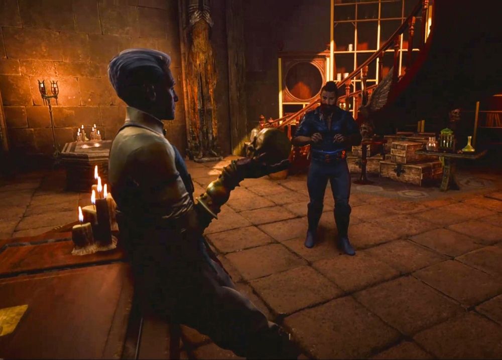 Emmrich Volkarin and Laird "Rook" Ingellvar from Dragon Age Veilguard, in Emmrich's study.