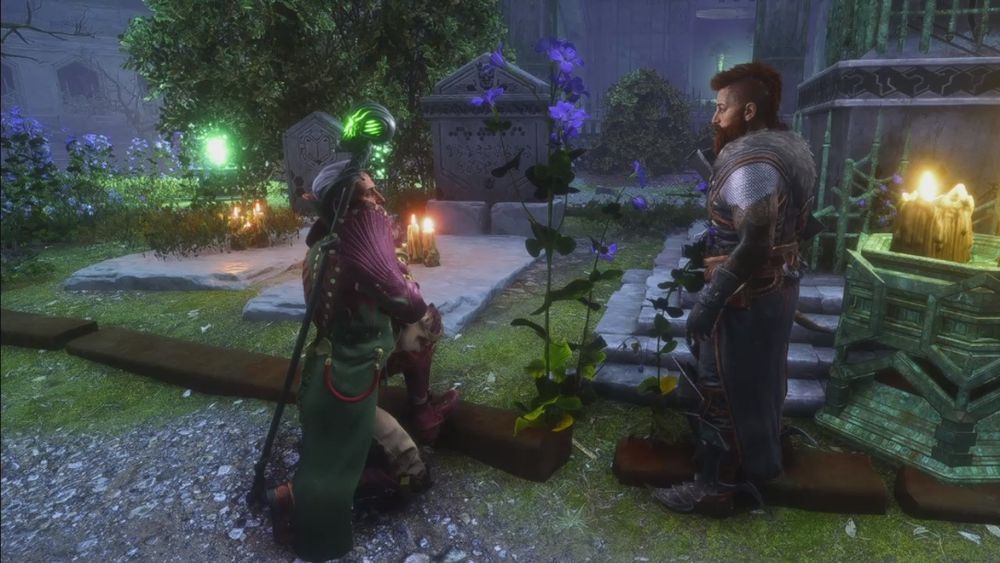Emmrich Volkarin and Laird Ingellvar from Dragon Age Veilguard in the Necropolis Gardens observing a flower growing tall.