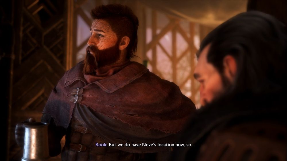 Laird "Rook/Rattles" Ingellvar of the Mourn Watch, OP's custom protagonist of Dragon Age Veilguard. A mid height, broad human with freckles and face tattoos, sporting a rust red mohawk and long beard. He's clad in cloak and standing next to Varric Tethras, discussing the location of Neve Gallus.
