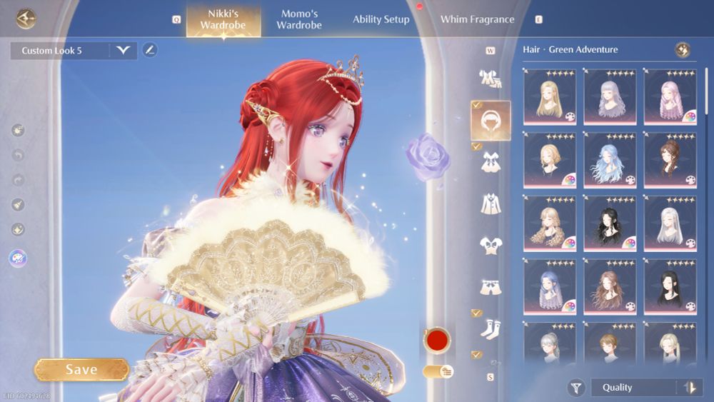 Nikki wearing purple dress with a gold hoop skirt and large golden ribbon with white tights with golden crisscross patter and high heels that look like crystal and are purple, white, and gold. She's holding a golden feather fan and has long white ruffle arm cuffs. She has a small simple gold tiara and earrings that mimic the shape of elf ears and are gold with purple gems hanging down. She's wearing a fluffy collar with a purple jewel in the middle. She has long dark red hair with a rose pattern in the back. She has light purple eyes with purple eyeshadow, red lips, and white eyelashes. There is a light purple rose floating next to her.