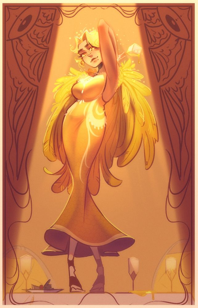 An illustration with Marblinde (my oc, she has bright red-orange eyes, short, curly, blonde hair and tan skin) standing on a table, with one of her hands going up and behind her, spilling liquid honey. In upper corners there are shapes representing the Avian God - Eye of the Sun with four wings.