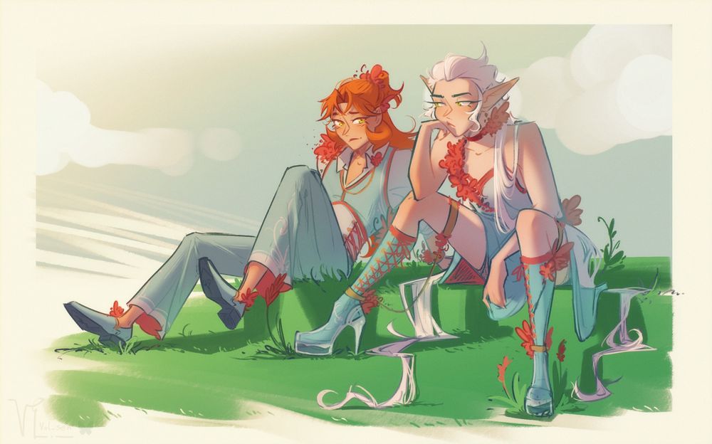 Quick illustration with two of my ocs (Arthe and Neakhal) sitting on grassy stairs in fancy, light blue/teal outfits with bright red flowers as accessories. Neakhal is looking at Arthe with unimpressed/pouty expression, while Arthe smiles apologetically and a bit cheeky.