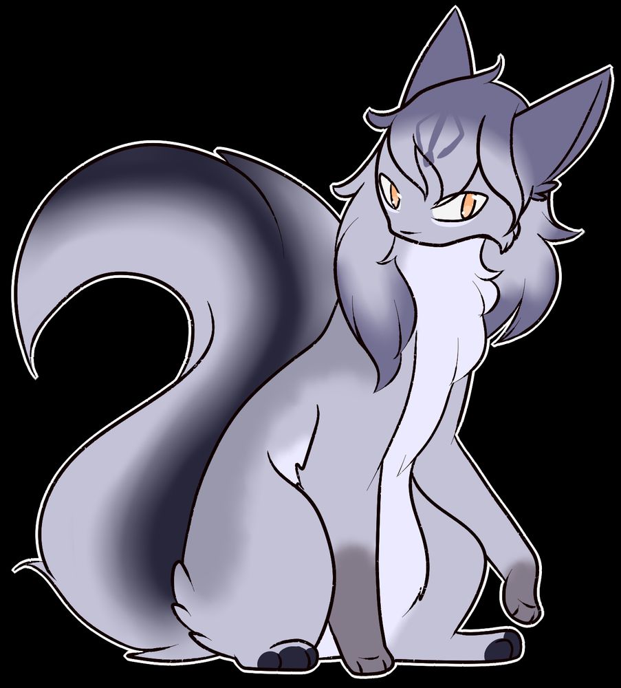 a fullbody of a silver cat with orange eyes, there is a dark stripe along the length of the cat's long tail