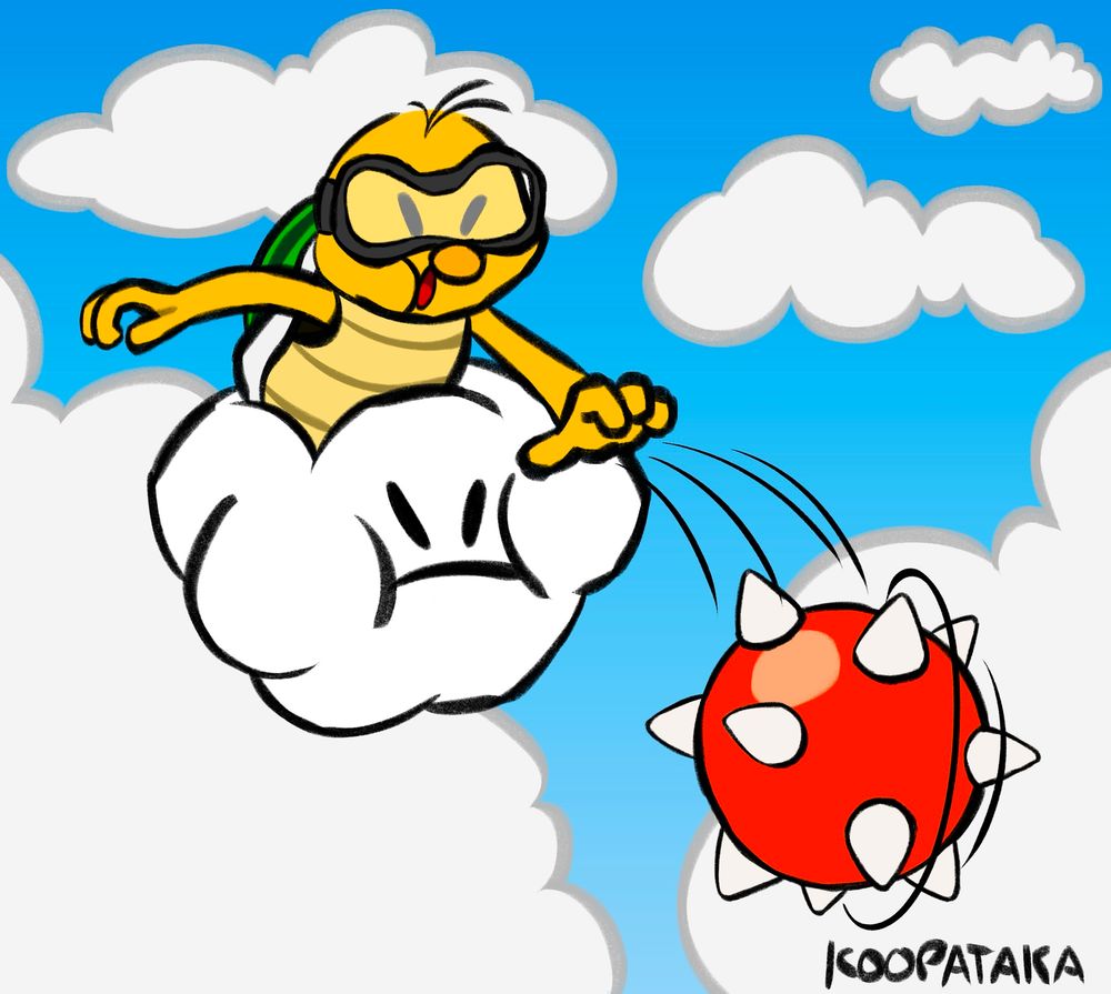 Fan art of Lakitu throwing a spiny egg in a sky with some clouds.