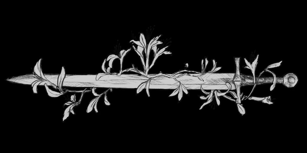 Sketch of a simple sword with sprigs of honeysuckle wrapped around it. The honeysuckle has many blooms in various stages.