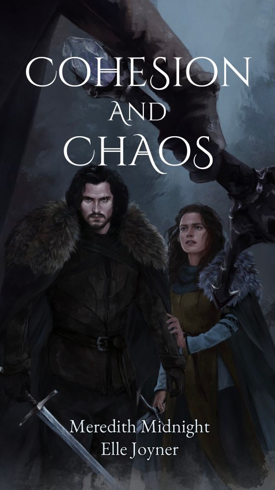 book cover of Cohesion and Chaos, the title at the top in white font. In the foreground stands a figure, but we only see his right arm holding a dark blade with a rune-etched crystal at the pommel. Underneath the hilt in the middle ground of the composition are the two main characters, Ilai and Ysella, looking at the figure off the page. Ilai is the tallest of the two,  his dark curly hair framing pale features and a low set brow. Through his left brow is a faded scar that streaks cleanly to his cheek. His eyes are brown, and he has a beard and a severe focus. He's dressed in furs at his shoulders, a long cloak, and a rugged leather jerkin. In his right hand he holds a sword, but not at the ready. To his left is Ysella, a head shorter than Ilai. She has light, but tanned skin, blue eyes, and brown, curly hair rustled by wind. She has a look of both confusion and fear, her left hand resting on Ilai's left arm. Behind Ilai, she holds her own sword in her left hand, keeping it hidden from view. She is wearing furs on her shoulder, her cloak billowing to show her longer leather jerkin and light blue long sleeved shirt. She has a scarf around her neck. They're standing among fur pines shrouded in fog.