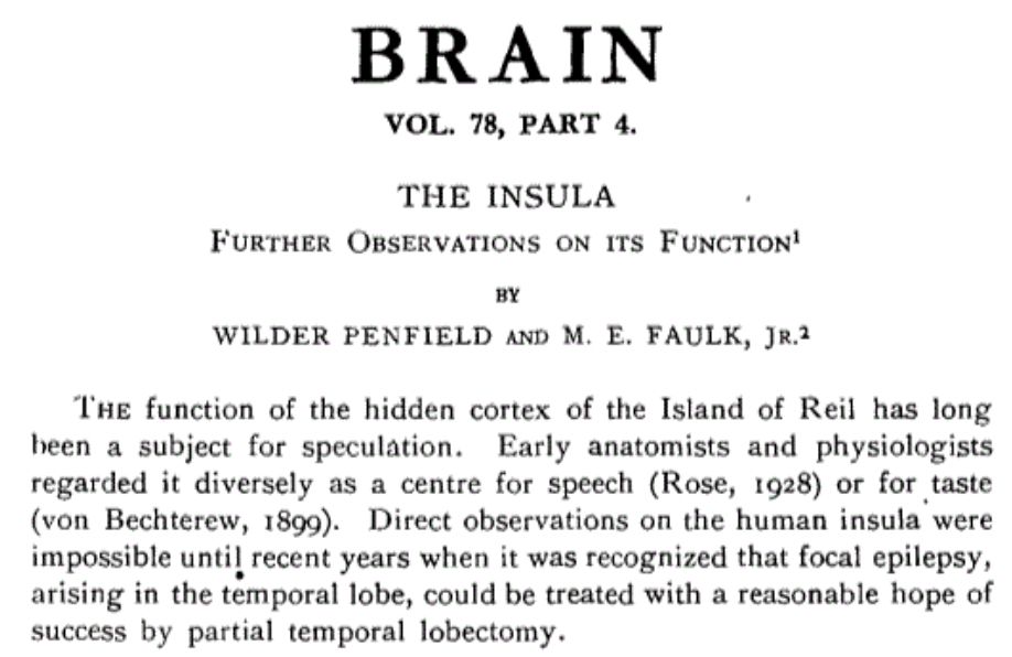 Screenshot of the beginning of an old article by Penfield and Faulk on the insula.
