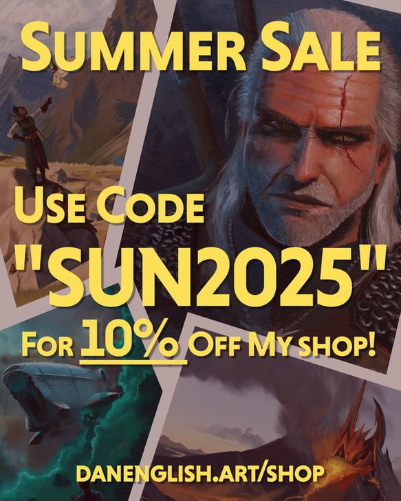 Graphic with yellow text that says "summer sale. use code "SUN2025" for ten percent off my shop." The text is set over a collage of my illustration prints. 