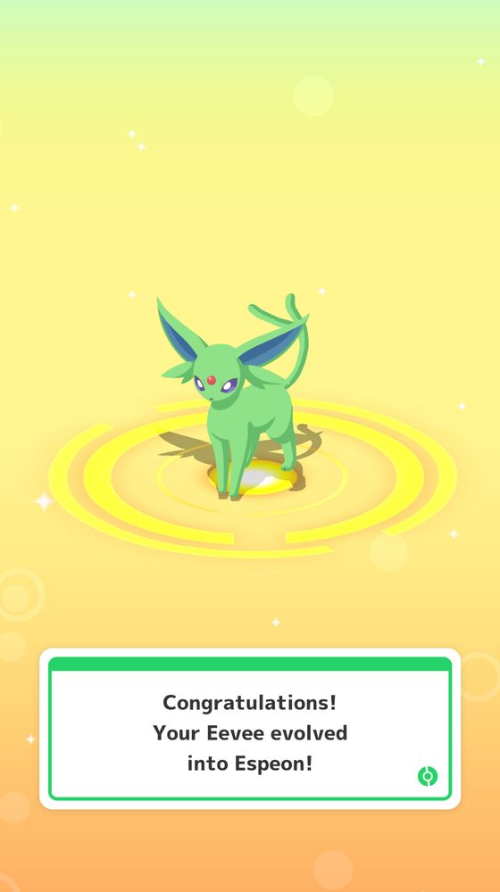 A screenshot from Pokémon Sleep featuring a shiny (green!!) Espeon. The text says, “Congratulations! Your Eevee evolved into Espeon!”