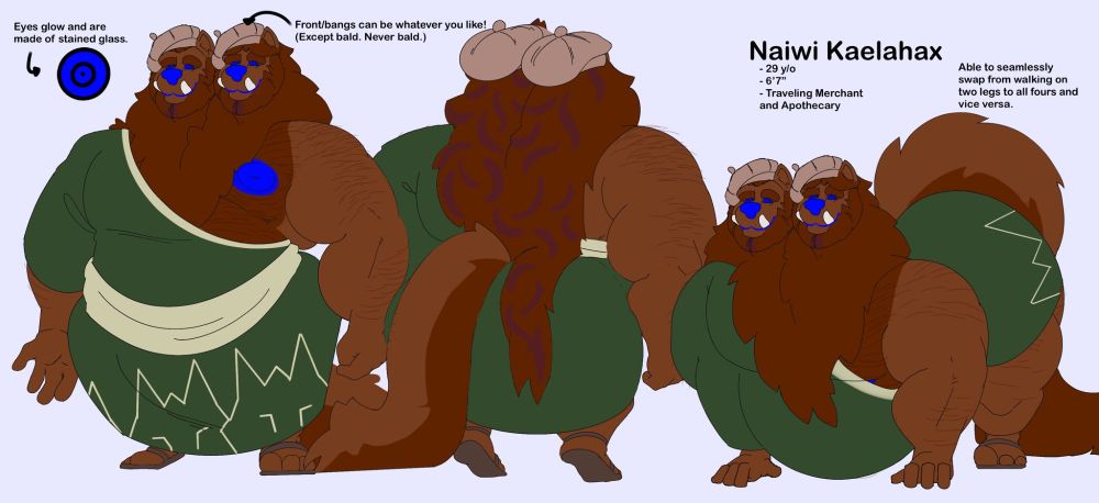 A ref sheet of my fursona, Naiwi Kaelahax. He is 6'7" and has two heads, and in this version of the ref sheet he is wearing a kimono, berets on both heads, and some sandals. The ref sheet depicts him front facing, back facing, and walking on all-fours. The picture is marked mature due to his large nipple peaking out in the front-facing portion.