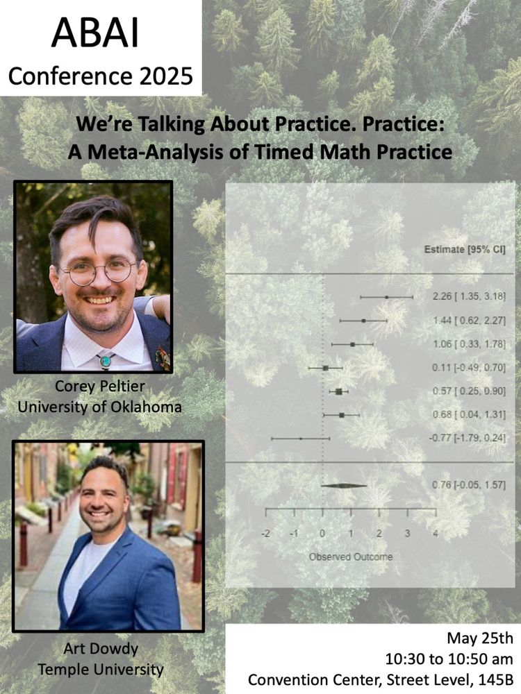 flyer for presentation announcement at ABAI 2025. Title is We're Talking about Practice. Practice: A Meta-analysis of Timed Math Practice. Date is May 25th, time is 10:30 to 10:50am, location is Convention Center, Street Level, 145B