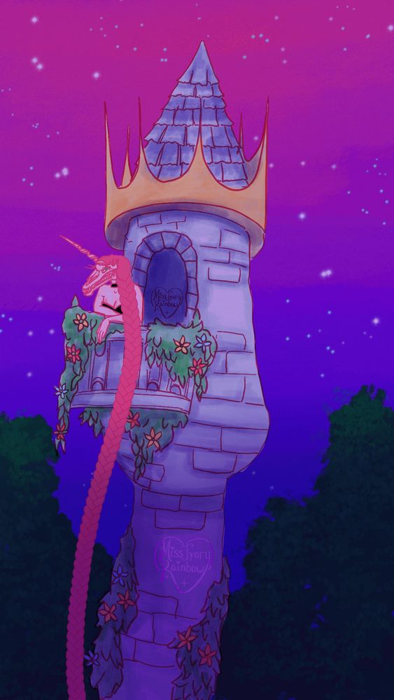 a woman with a pink unicorn head looks out from a tower. Her long pink braid dangles down from the tower and sways in the wind. 
