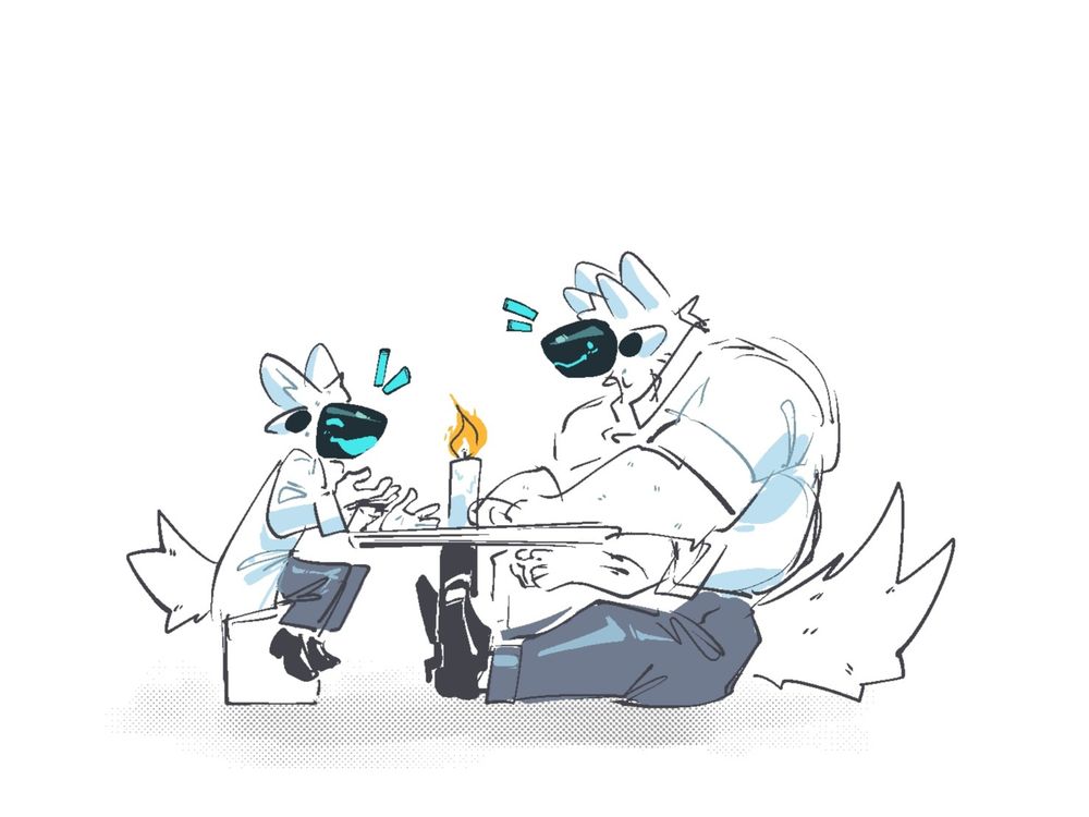 A picture of Hadron (a white protogen scientist) having a dinner date with a larger protogen (an oc of C3B4)