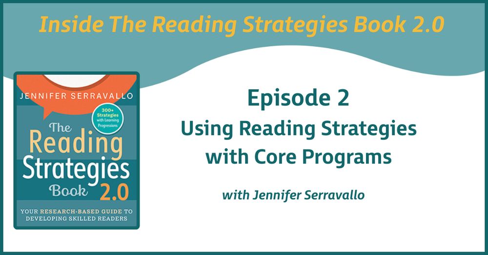 White background with blue wave at top. Title of the episode to the right. Cover of Reading Strategies Book 2.0 to the left. 