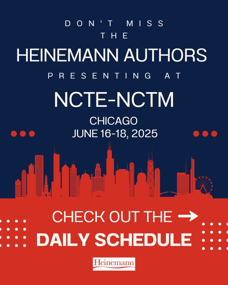 red graphic of Chicago Skyline. text informing people of heinemann authors speaking at this event over the next graphics