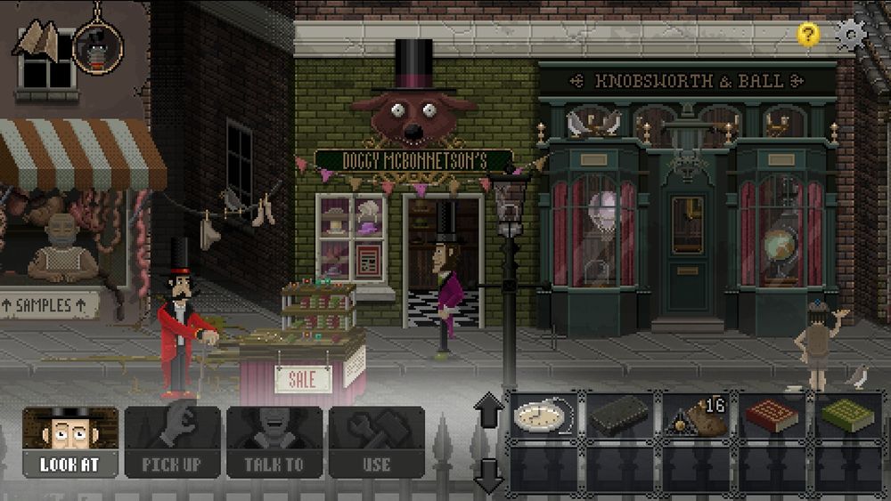A pixel art scene from a point & click adventure game showing a shop with a grotesque dog head sign wearing a hat above the door on a Victorian London street.