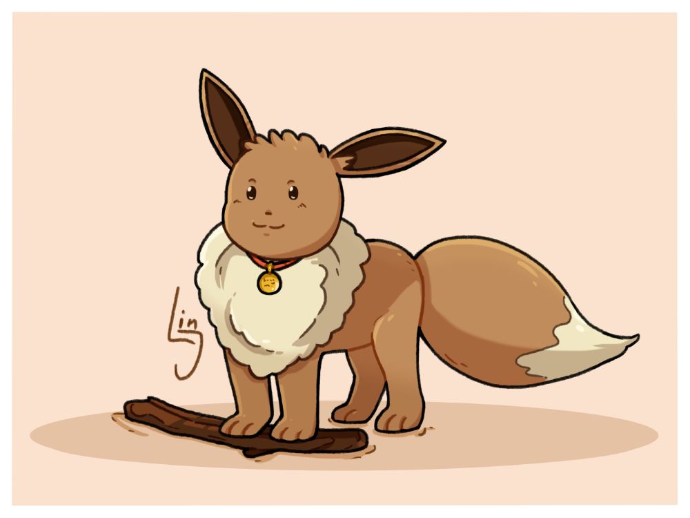 A digital illustration of the pokemon Eevee, sanding on top of a fetched stick.
