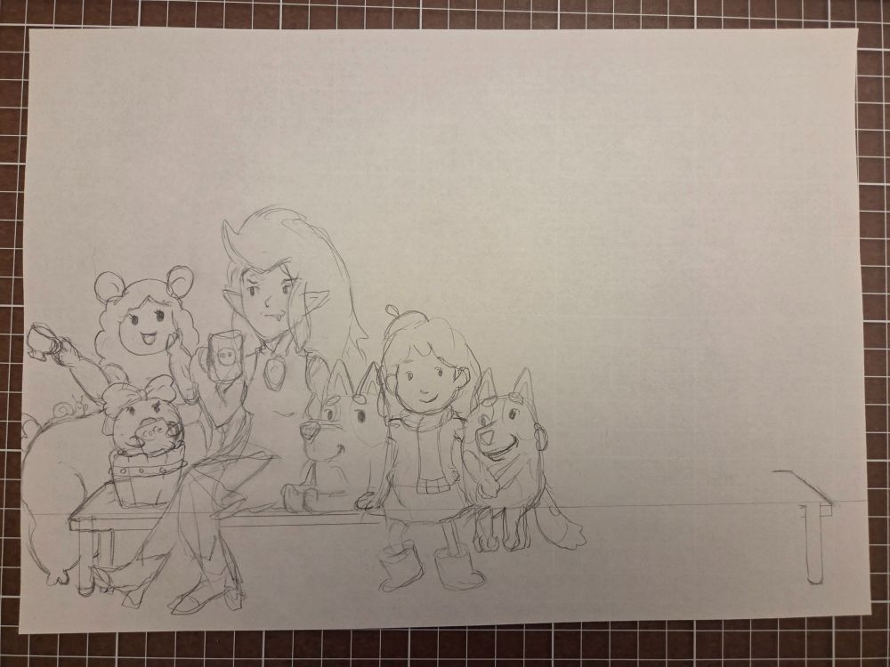 A traditional sketch of characters from animated shows which include Bluey, Hilda, Centaurworld, Amphibia, Adventure time and The owl house.