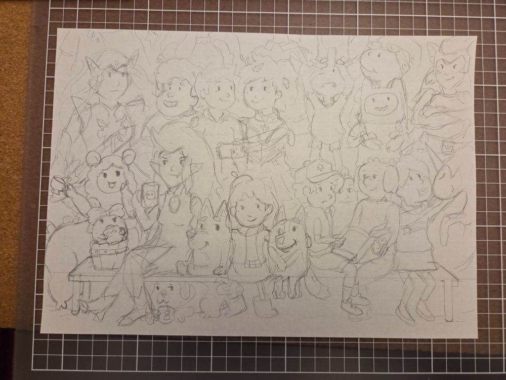 A traditional sketch with characters from: Hilda, Bluey, Centaurworld, Adventure time, The owl house, Amphibia, Gravity falls, Dead end, Steven universe, Summer camp island and She-Ra.