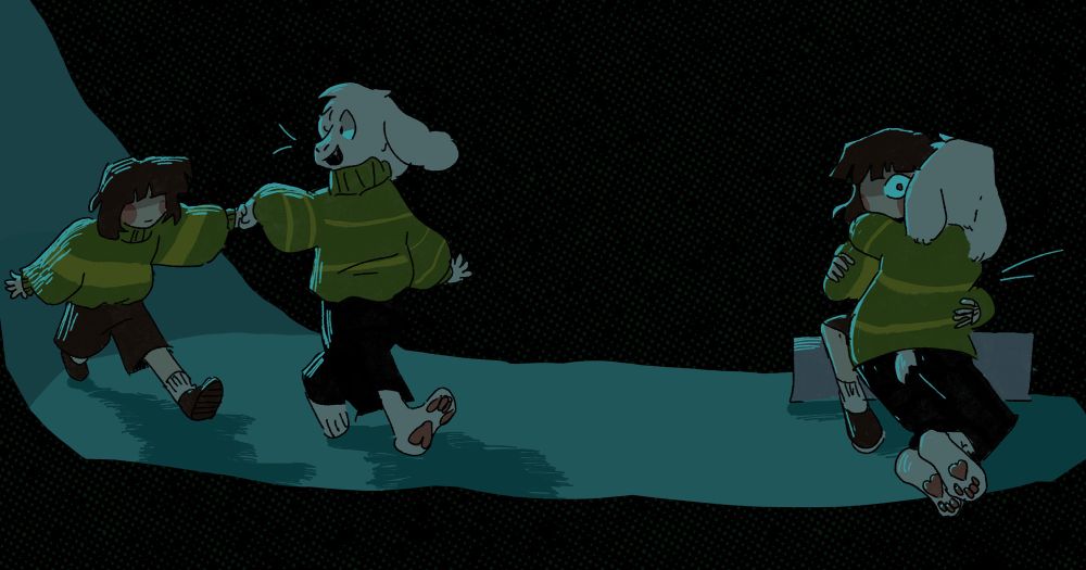 two scenes of chara and asriel, one where asriel is leading chara somewhere, and another where chara sits on their grave, surprised as they're embraced by asriel