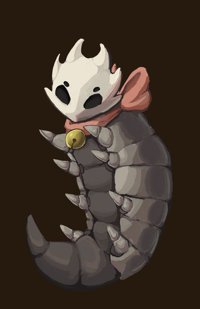the bell beast from silksong with a pink bow and bell