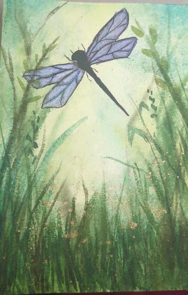 Watercolor Dragonfly in purple with green grass.