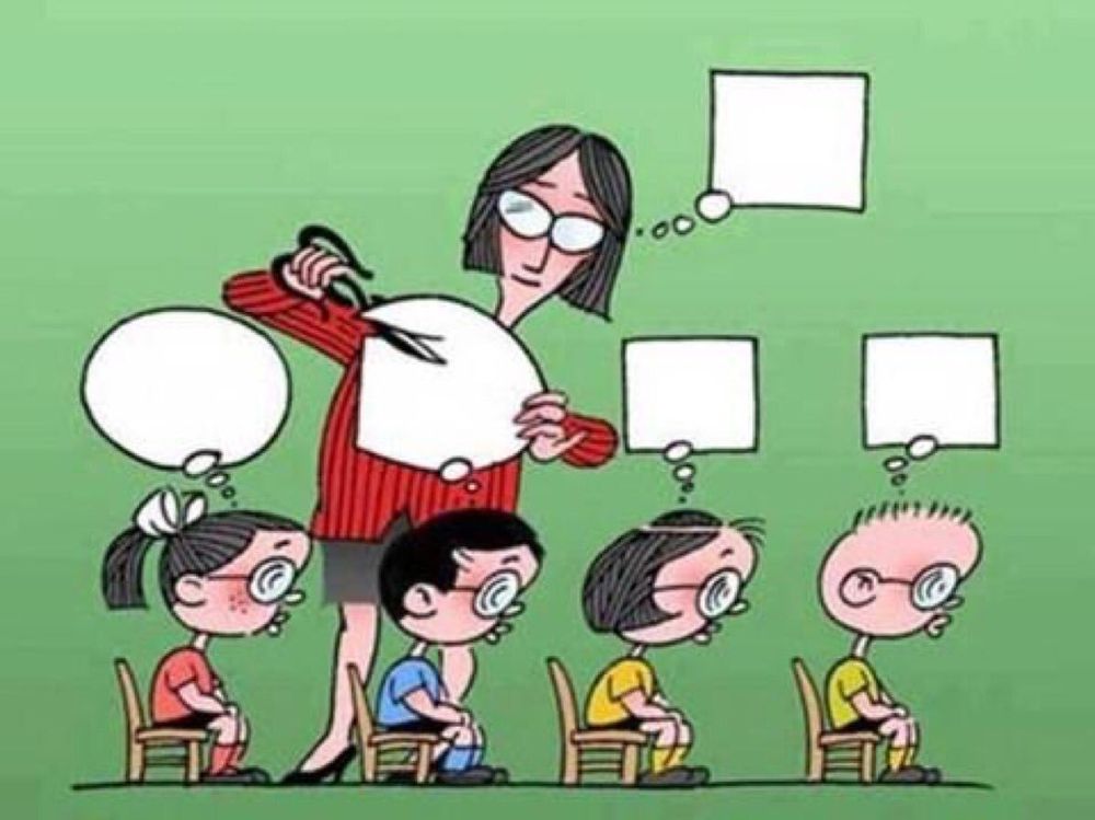 A satirical cartoon of a female teacher cutting round thought bubbles of children with scissors into square shape she herself has above her head.