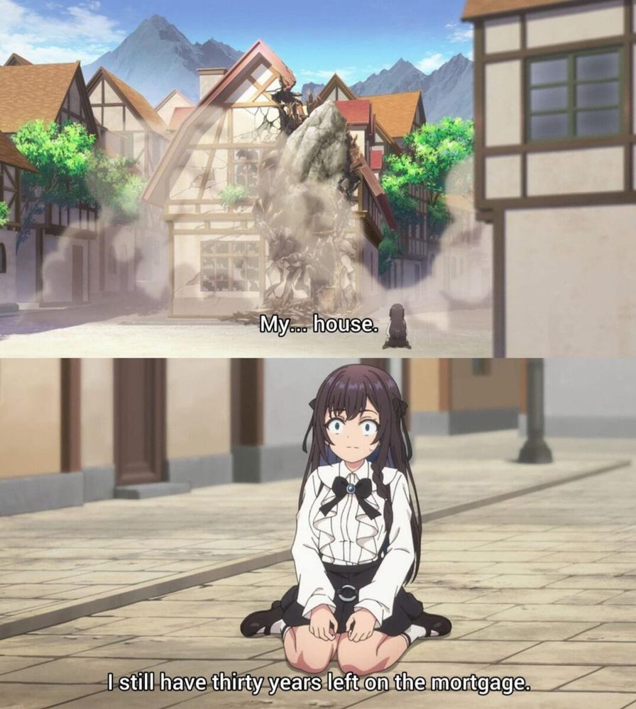 Scene from "I May Be a Guild Receptionist". Alina looking at her home with a giant boulder sitting next to its destroyed front with melancholy and shock. "I still have thirty years left on the mortgage"