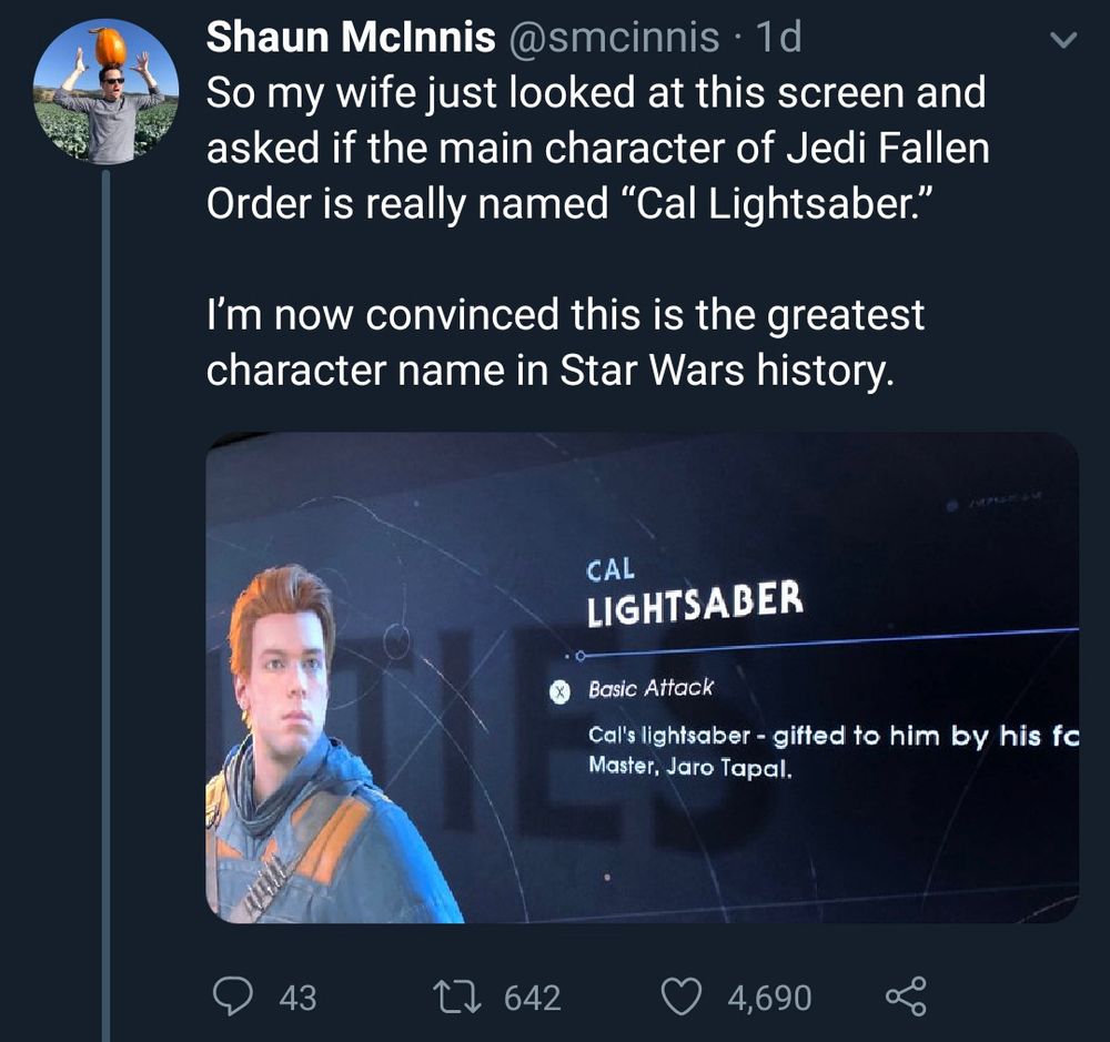 a post describes the posters wife asking if cal kestis is called cal lightsaber, because jedi fallen order item screen makes it look like that’s his name 
