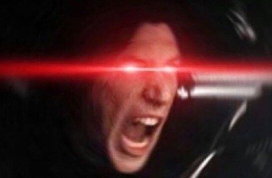 kylo ren scream with his eyes lit up with a red laser blast 