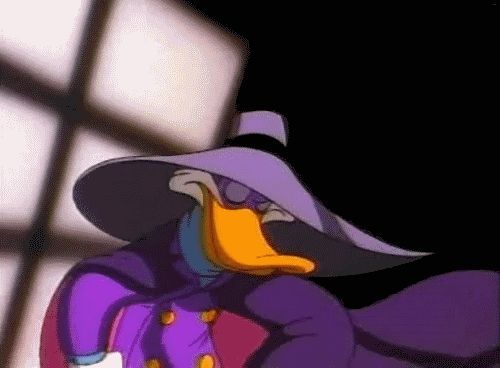 Animation of Disney cartoon character Darkwing Duck hiding in a purple cape.