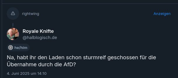 Screenshot. Der zitierte Post ist automatisch ausgeblendet, weil der Account des Ministeriums von einem Labeler als "rightwing" gekennzeichnet wurde. Darunter mein Antwortpost: "Na, habt ihr den Laden schon sturmreif geschossen für die Übernahme durch die AfD?"