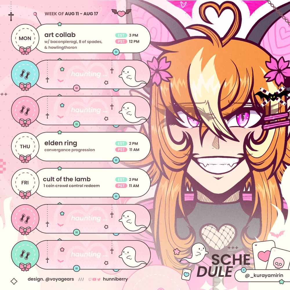 hunniberry's weekly schedule with a headshot of her OC done by _kurayamirin on vgen
Monday Art collab with baconpierogi, 8ofspades, and howlingthoron
Thursday Back into our progression on Elden Ring
Friday Cult of the Lamb with 1 coin crowd control