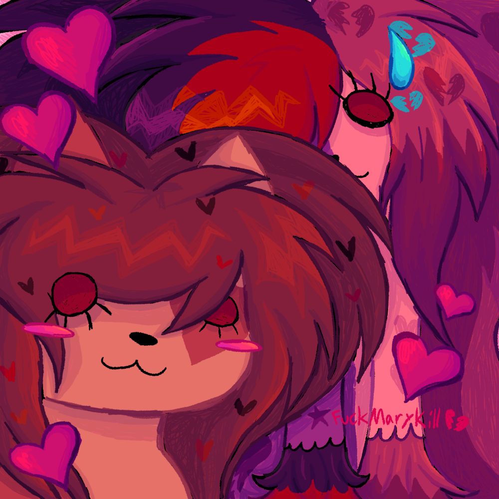 A drawing that features a dog and cat together with hearts. The cat is blushing but the dog has a sweat droplet on their head.