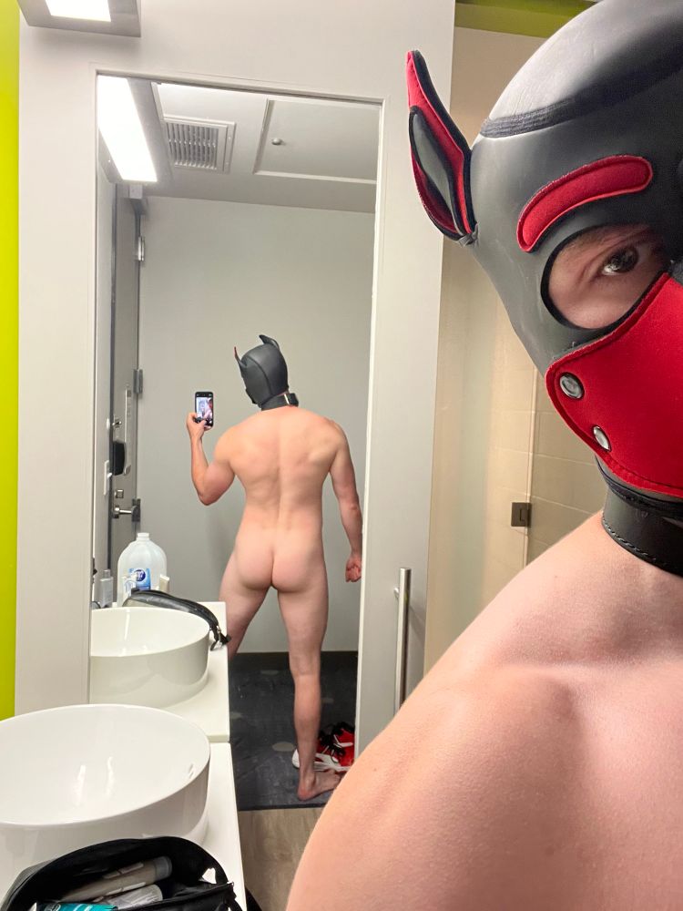 Fit muscle pup in chastity cage, back facing you while flexing and showing off ass. 