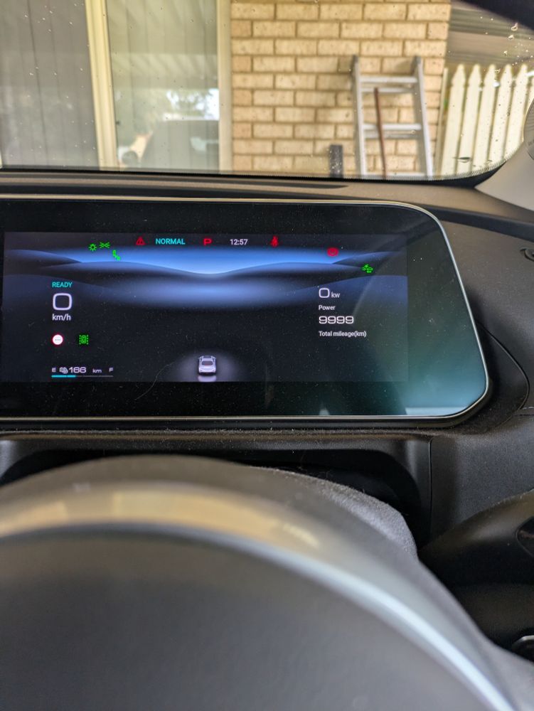 View of dashboard of a GWM ora with 9999km on the odometer 