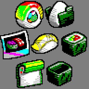 seven windows icons made out of sushi: google chrome, folder, photos, mail, full recycle bin, txt file, empty recycle bin