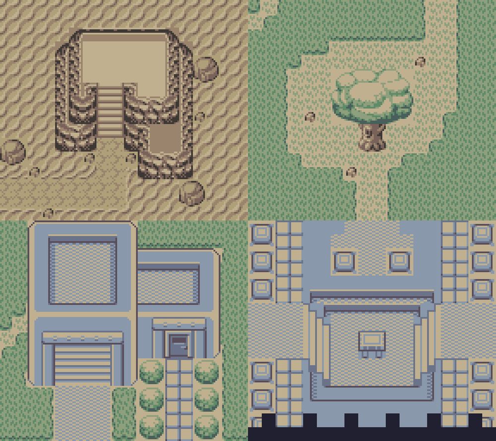 four areas with various themes: one sandy area with a craggy rock formation, one grassy plain with a lone tree, one house with a garage and bushes, and one indoor theater.
