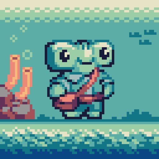 Clark the Mailshark, a happy anthropomorphic hammerhead shark standing on the ocean floor. He is standing next to coral, some rocks, and there is a small school of fish in the background.