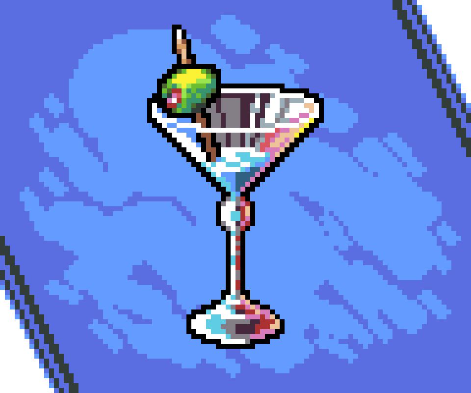 A half-full martini glass with an olive on a toothpick in it