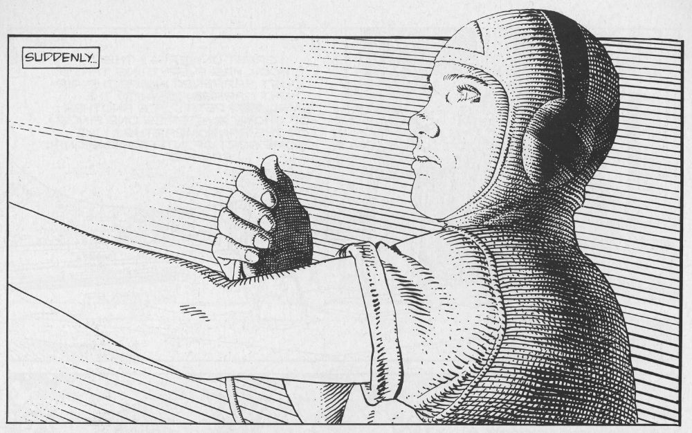 The Man from Ciguri by artist Moebius, Cheval Noir magazine, April 1992. Illustration of a mechanic pulling a wire as a  burst of light appears. Caption reads: Suddenly.